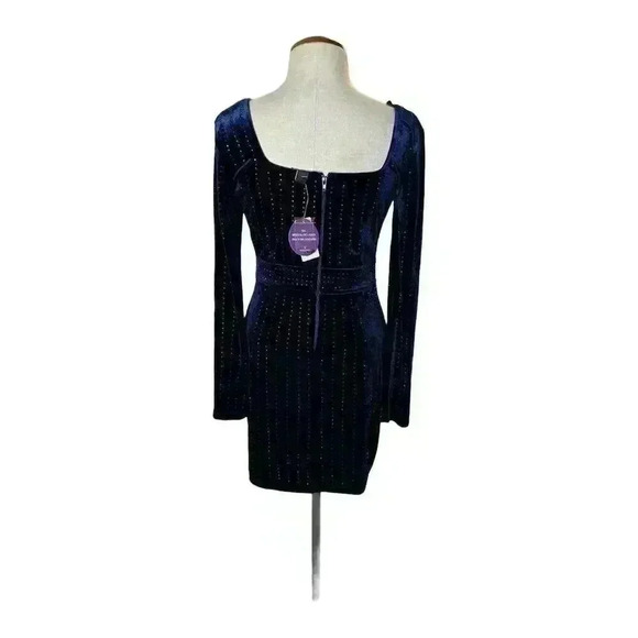 NWT Windsor Women's Blue Velvet Rhinestone Bodycon Mini Dress Size M - Picture 3 of 7